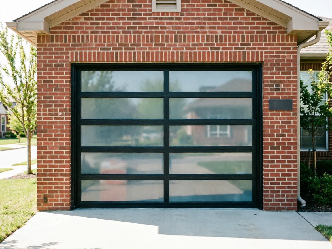 A modern garage door with frosted glass panels on a brick house.