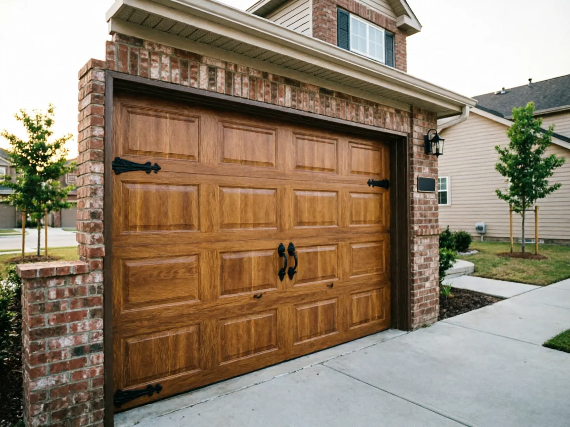A brown wood-look garage door with decorative black hardware is set in a brick archway.